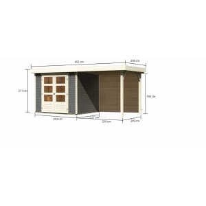 Karibu Holz-Gartenhaus Boras, terragrau, mit Flachdach und Anbau, Maße: 238x213 cm.