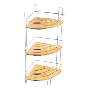 MSV Eck-Duschregal Joy mit 3 Ebenen aus Bambus und verchromtem Metall in Braun-Silber.