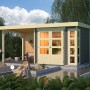 Terragraues Karibu Holz-Gartenhaus Sölve mit Flachdach und überdachtem Anbau.