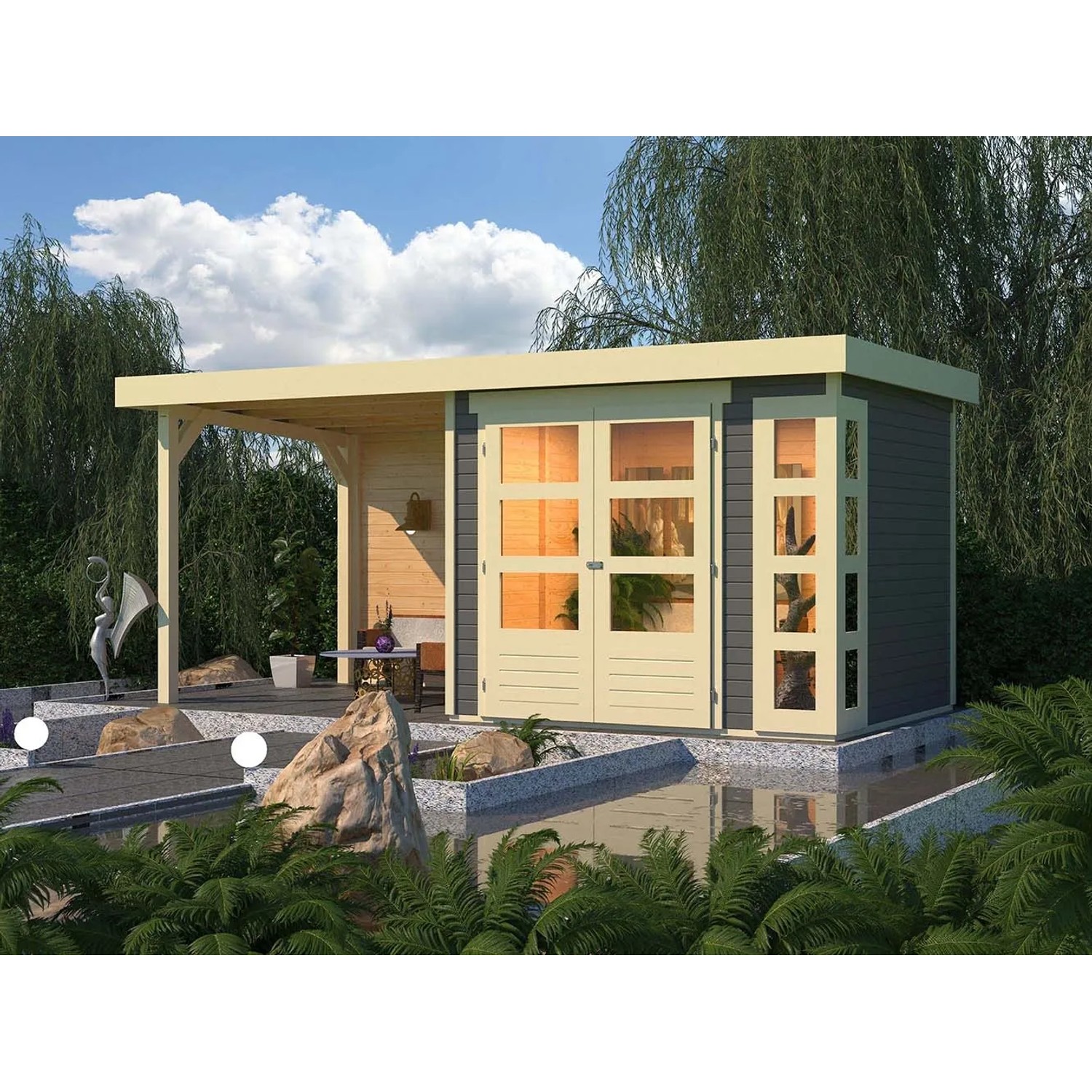 Terragraues Karibu Holz-Gartenhaus Sölve mit Flachdach und überdachtem Anbau.