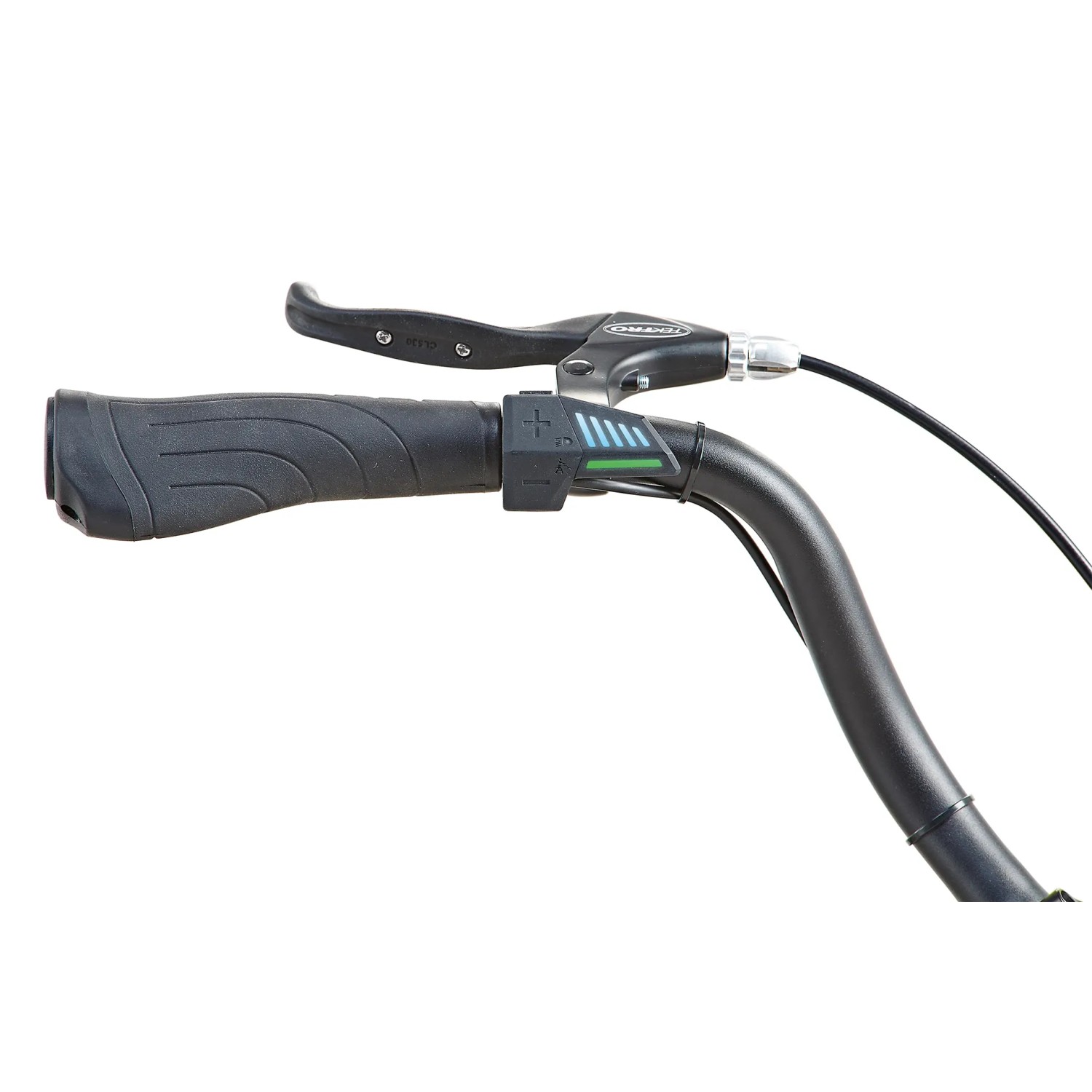 Lenker-Detailaufnahme des schwarzen Prophete City E-Bike Geniesser 1.0 mit Bedienelementen und Bremse.