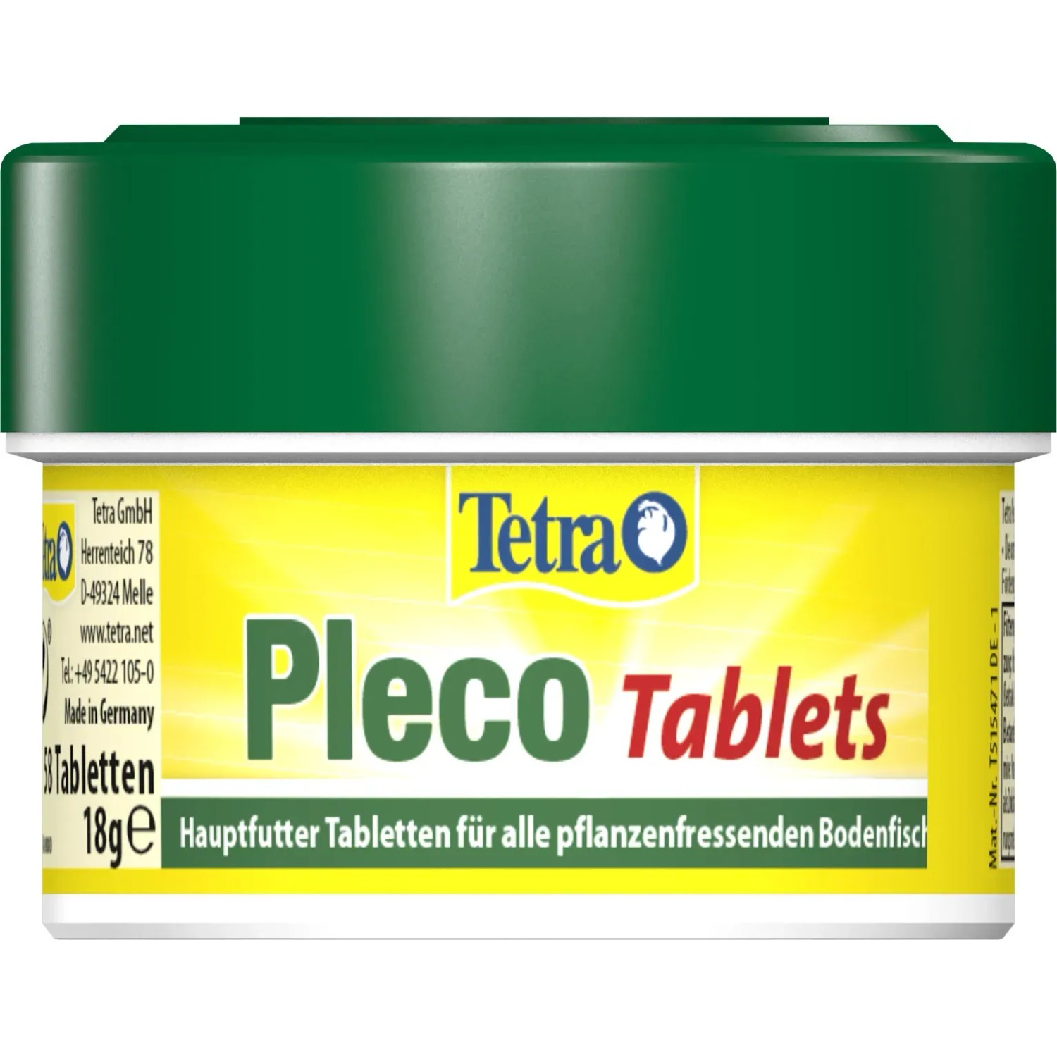 Tetra Pleco Tablets, 58 Stück, Tablettenfutter für pflanzenfressende Bodenfische im grünen Behälter.
