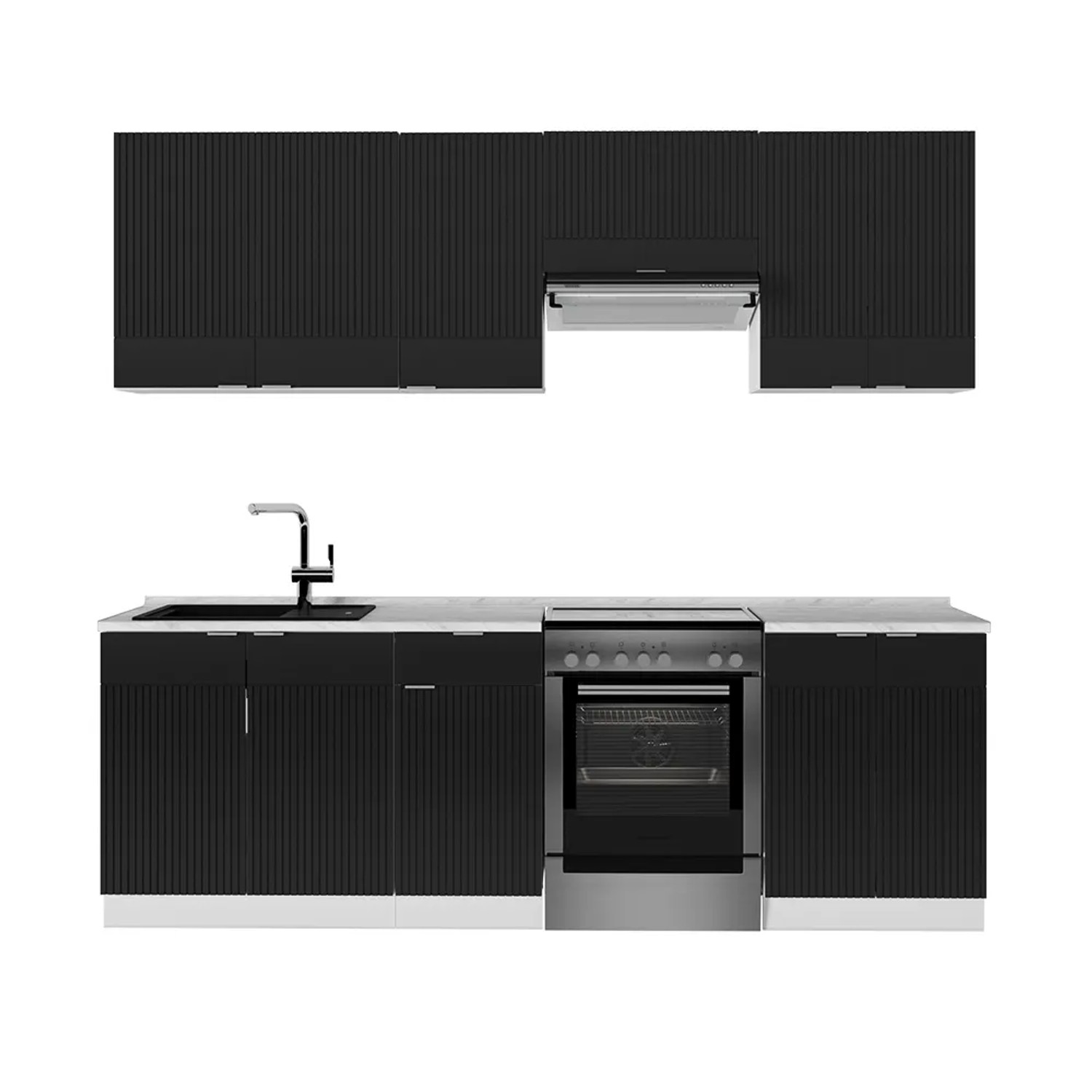 Vicco Fame-Line Küchenzeile Schwarz gestreift/Weiß 240 cm ohne Arbeitsplatte ohne E-Geräte