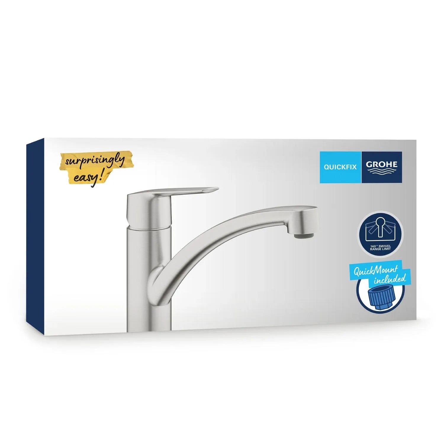 Grohe QuickFix Spültischarmatur Start Supersteel mit niedrigem Auslauf im Karton.