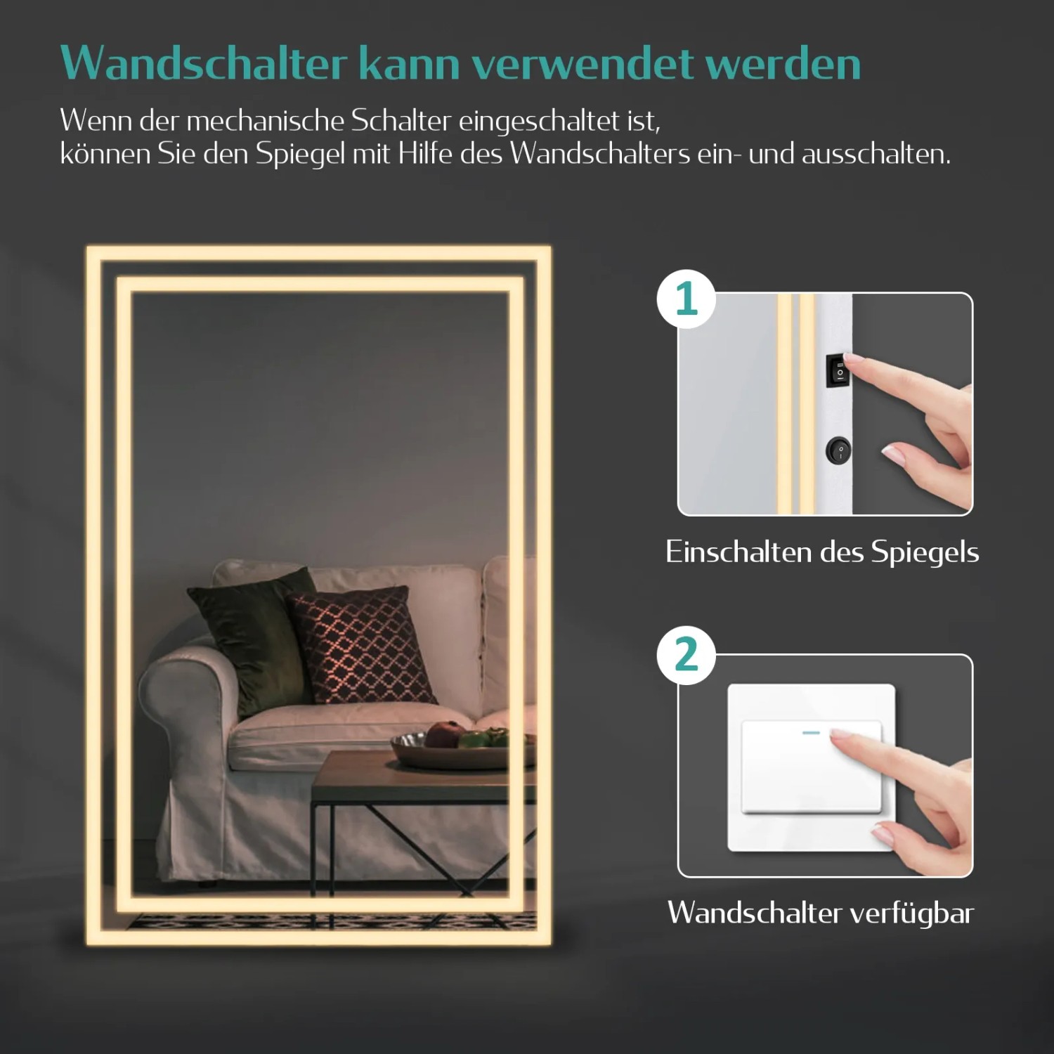 Emke LED Badspiegel 60x40 mit Beleuchtung und Kippschalter, Nutzung mit Wandschalter dargestellt.