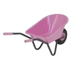Rosa Kinderschubkarre mit Kunststoffwanne und Vollgummirad. Ideal für kleine Gärtner.