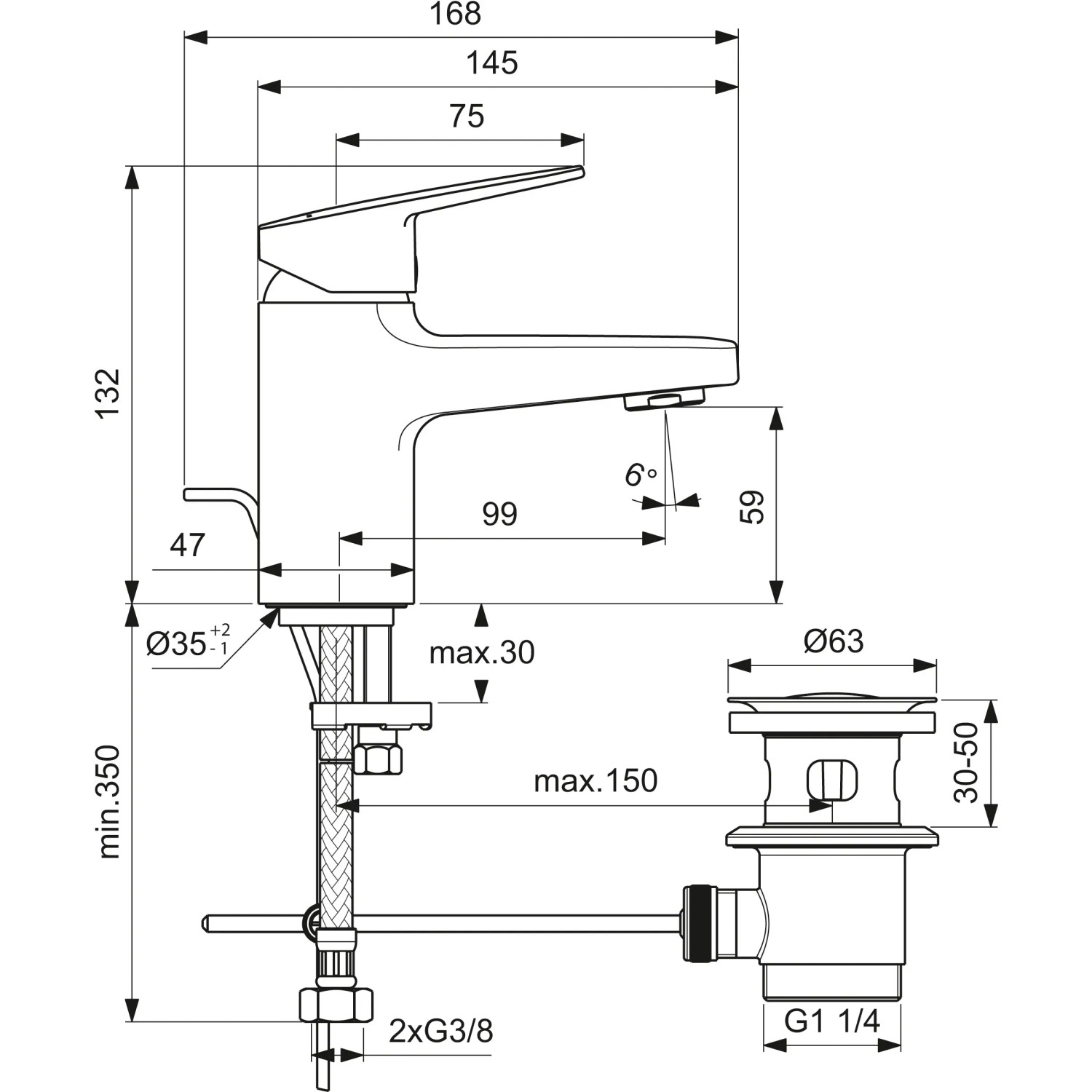 Technische Zeichnung: Ideal Standard Ceraplan Waschtischarmatur Chrom H60 mit Maßen.