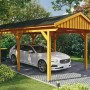 Skan Holz Carport Fichtelberg, Eiche hell mit schwarzen Schindeln. Einzelcarport für optimalen Schutz.