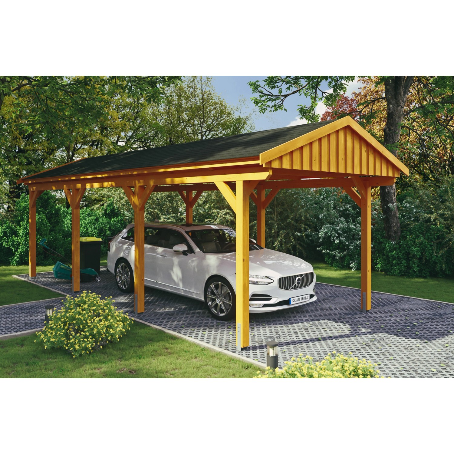 Skan Holz Carport Fichtelberg 317 cm x 808 cm Schwarze Schindeln Eiche Hell