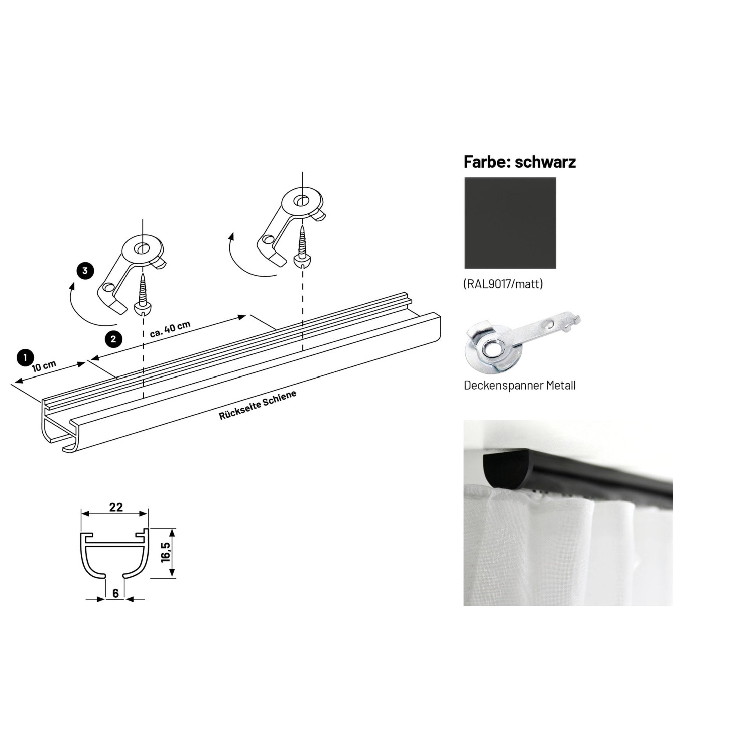 Deco-Raum Gardinenschiene nach Maß 1-Lauf Round Schwarz 130cm_2