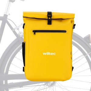 Gelbe Wiltec Gepäckträgertasche 25L am Fahrrad. Wasserresistente Fahrradtasche mit Rollverschluss und Reißverschlussfach.