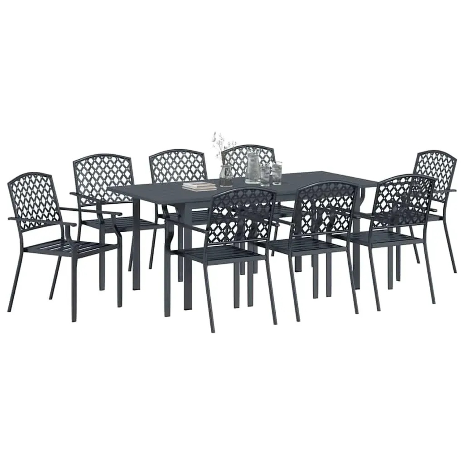 9-teilige Garten Essgruppe von vidaXL, anthrazitfarbenes Stahlgestell mit Tisch und 6 Stühlen.