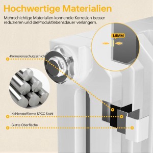 Detailaufnahme Emke Heizkörper: Materialeigenschaften wie Korrosionsschutz und Stahlqualität im Fokus.
