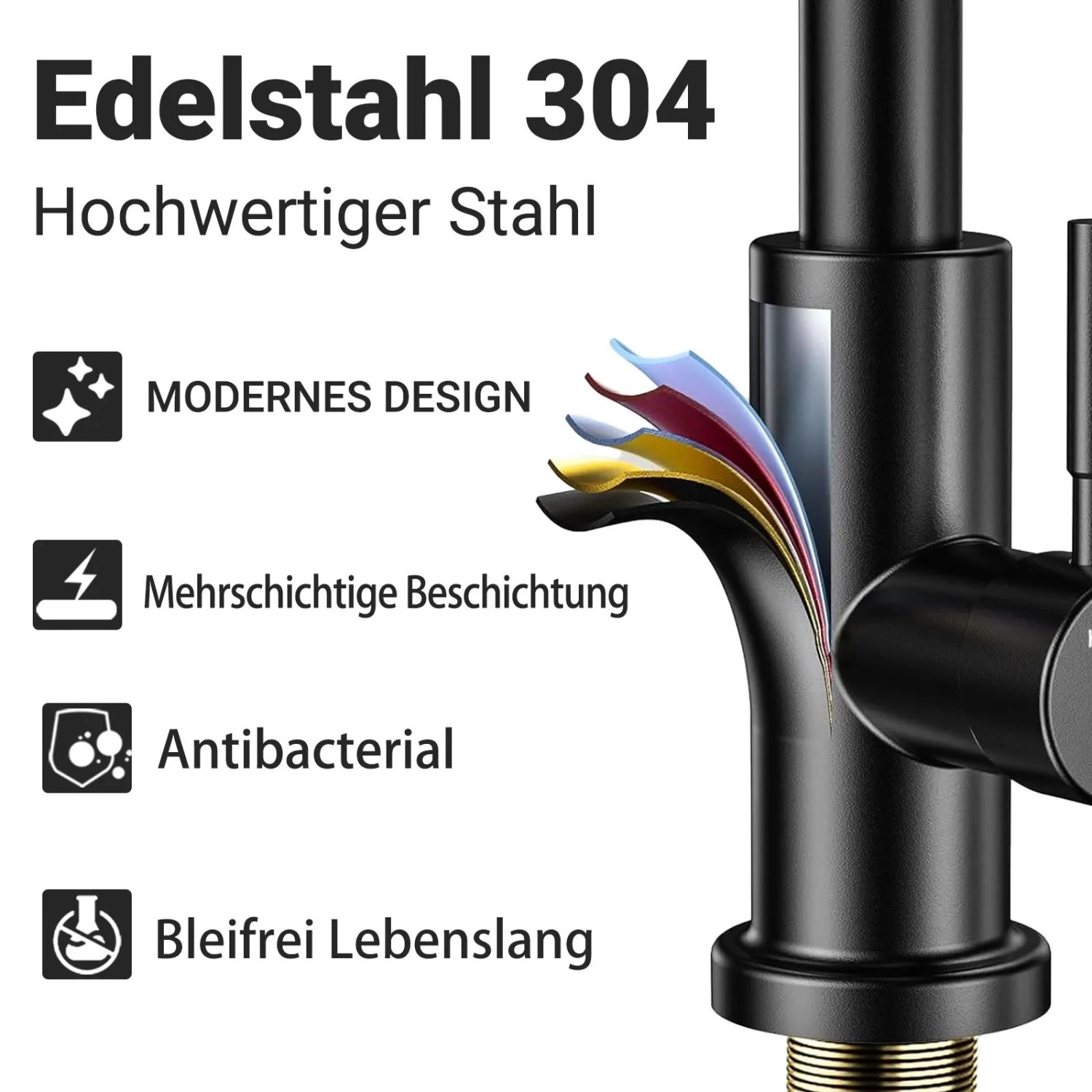 AICA Küchenarmatur, Schwarz Matt, mit Ausziehbrause. Einhebelmischer für Spültisch.