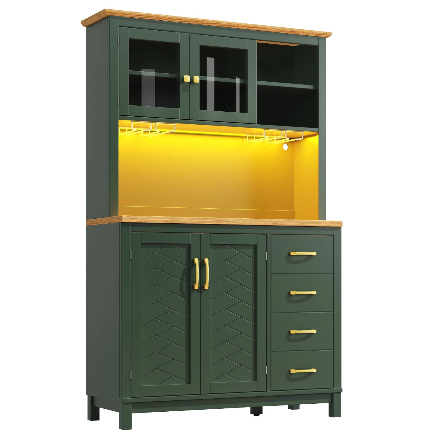 Merax Buffetschrank 105.5x40x180cm  LED-Lichtleiste  Getränkehalter  4 Türen Grün/Schwarz/Weiß