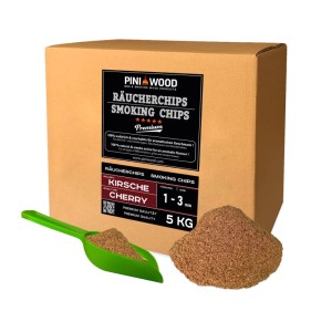 PINI Räucherchips Kirsche 5 kg, 1-3 mm, in Kartonverpackung mit Schaufel und Holzspänen. Für Grill & Smoker.