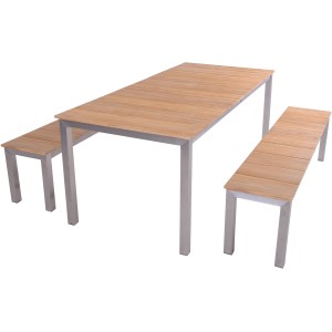 3-teiliges Gartenmöbel-Set Dallas von Garden Pleasure aus Teakholz (FSC®) mit Tisch und zwei Bänken.