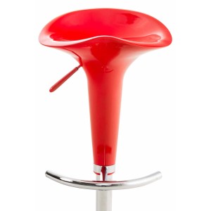 Roter Barhocker mit ergonomischem Kunststoffsitz, höhenverstellbar und drehbar, glänzende Chrom-Fußstütze.