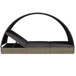 Graue 2-Personen-Sonnenliege mit Dach aus Poly Rattan, verstellbar für Garten, Balkon oder Camping.