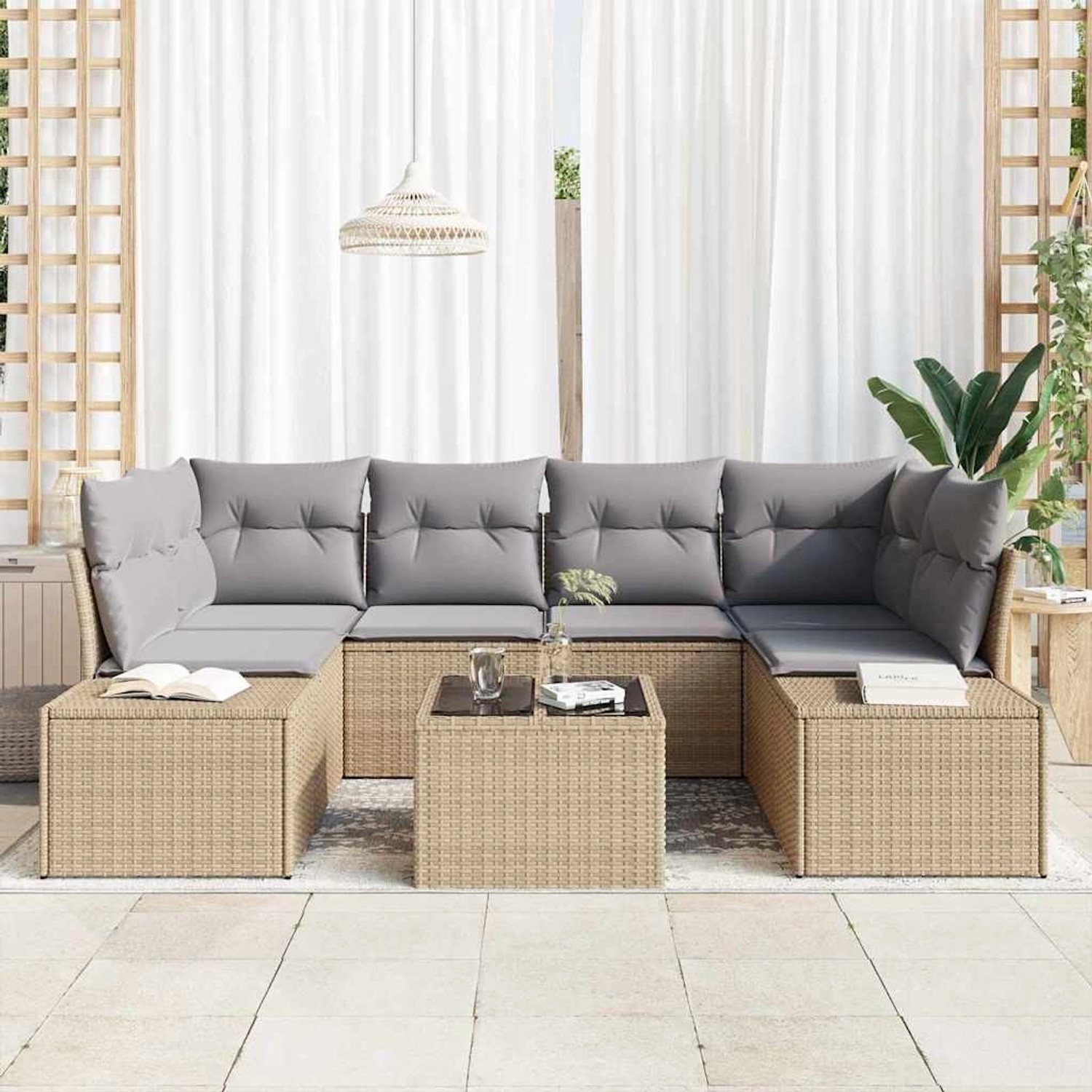 Beiges 7-teiliges Garten-Sofa-Set aus Poly Rattan mit Tisch für Terrasse und Garten.