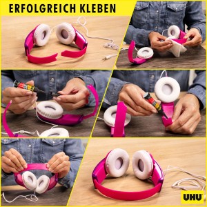 Anwendung von UHU Sekundenkleber Präzision zum Kleben von Kopfhörern.
