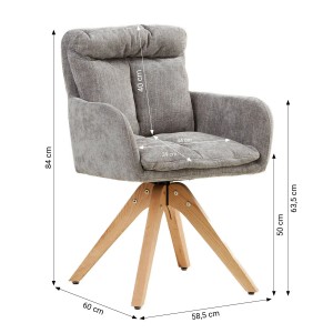 Homestyle4u 6er Set Polsterstuhl drehbar, grau, mit Holzfüßen und Maßangaben.