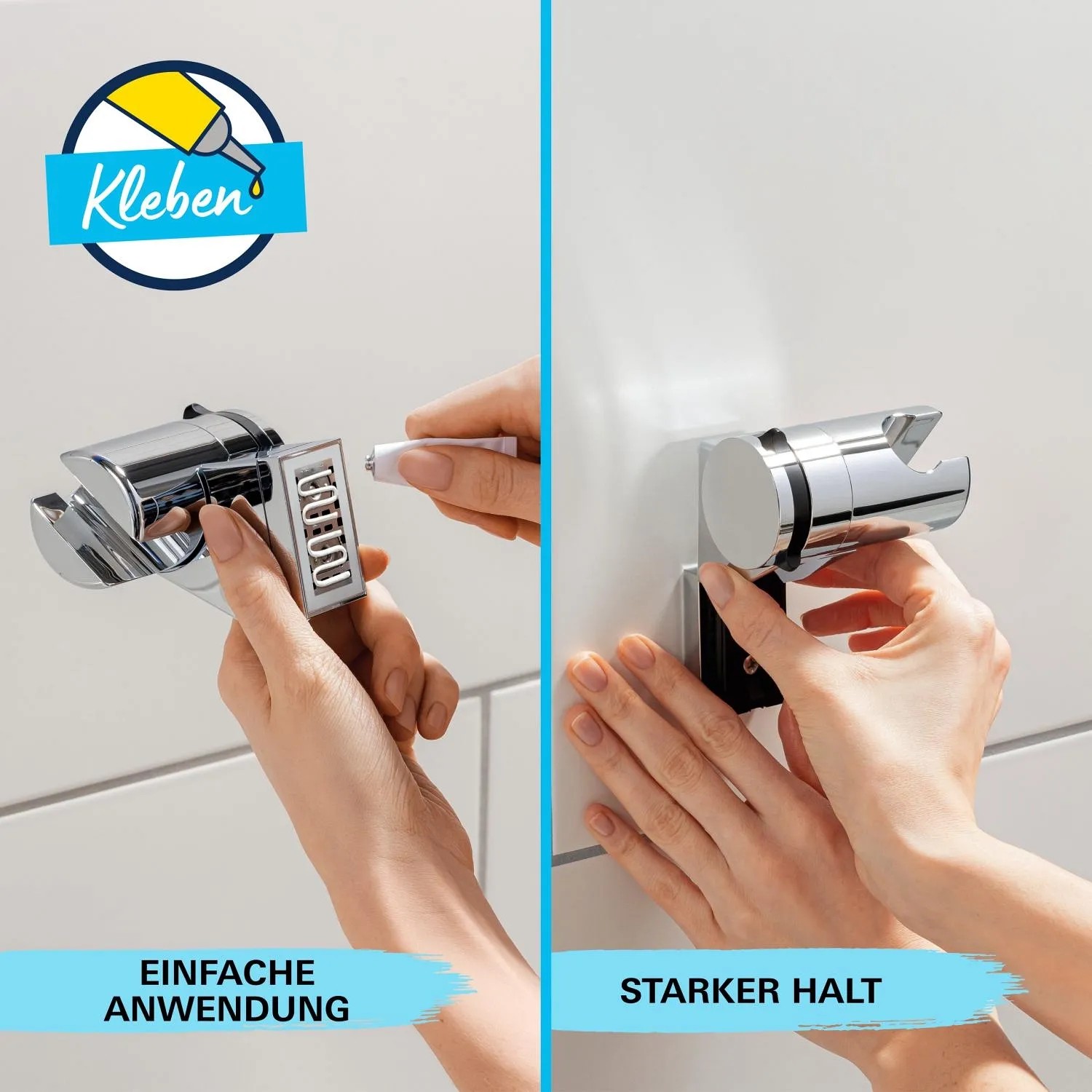 Montage der Grohe Brausegarnitur Precision Feel mit Kleber. Einfache Anbringung ohne Bohren.