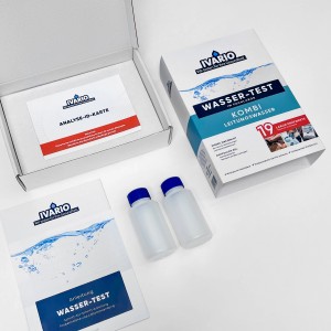 Ivario Wassertest Kombi für 19 Prüfwerte, inkl. Probenflaschen, Anleitung und Analyse-ID-Karte.