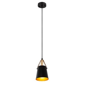 Schwarze Arte Lamp Pendelleuchte Thomas aus Metall mit goldener Innenseite und Holzdetails, E27, höhenverstellbar.