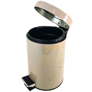 SANILO Kosmetikeimer Hosta, beige mit goldenem Blattmuster, Deckel geöffnet.