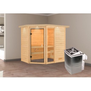 Karibu Sauna Jada mit Ofen und LED-Dachkranz aus Naturholz mit bronzierter Glastür.