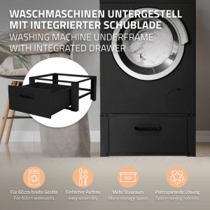 Schwarzes ML-Design Waschmaschinen Untergestell mit Schublade aus Stahl, 63x54cm, bis 150kg belastbar.