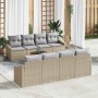 Beiges 9-teiliges vidaXL Garten-Sofa-Set aus Poly Rattan mit Kissen.