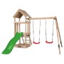 Swing King Spielturm Noa mit Rutsche (hellgrün) und zwei Schaukeln (rot).
