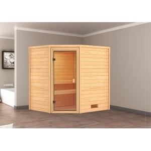 Karibu Sauna Elea Natur Massivholzsauna mit Eckeinstieg und Glastür. Saunakabine aus Holz mit Bänken.
