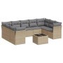 Beige 10-tlg. Garten-Sofagarnitur aus Polyrattan mit hellgrauen Kissen und Tisch.