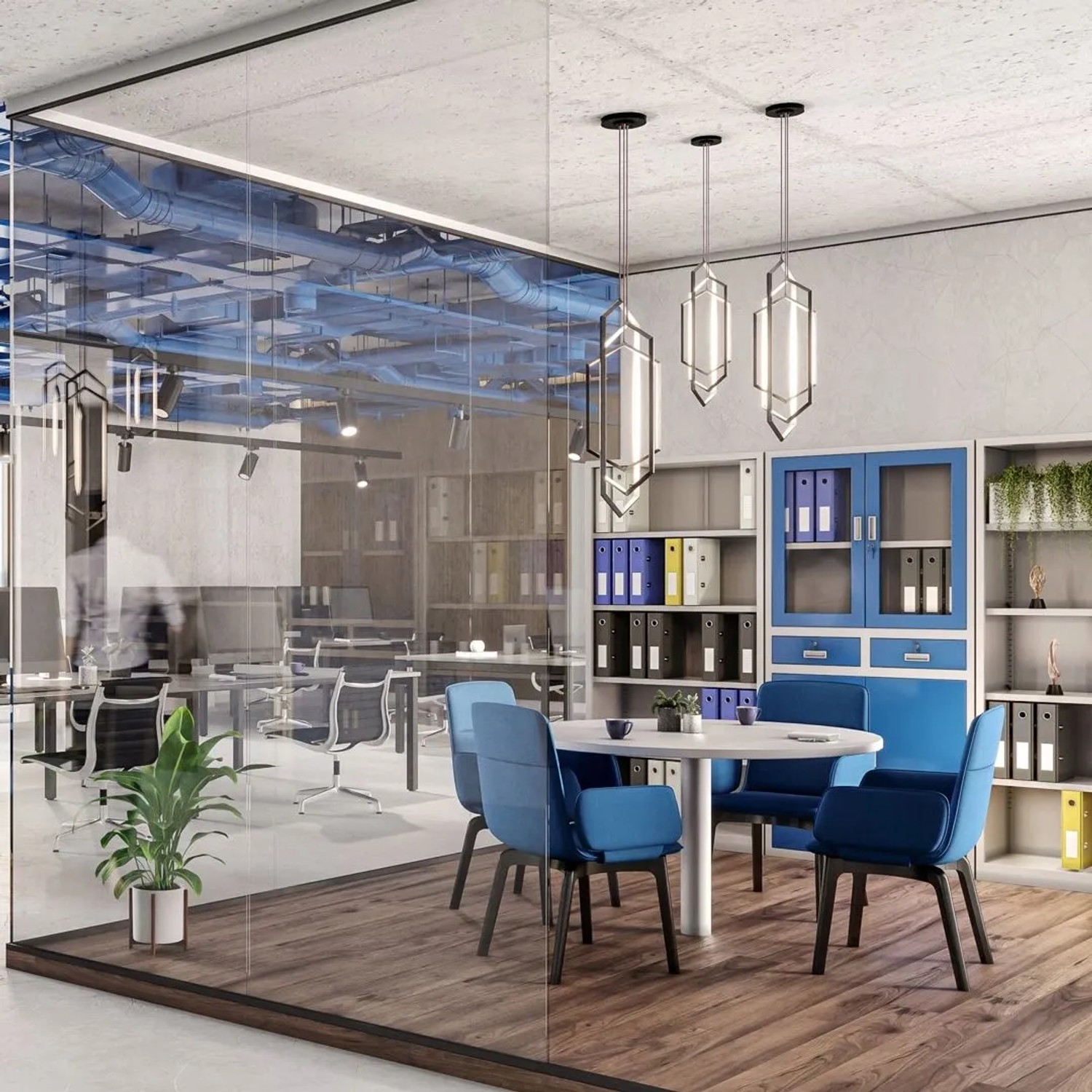 Büro mit Jan Nowak Metallschrank (grau/blau) und Aktenschränken im Hintergrund.