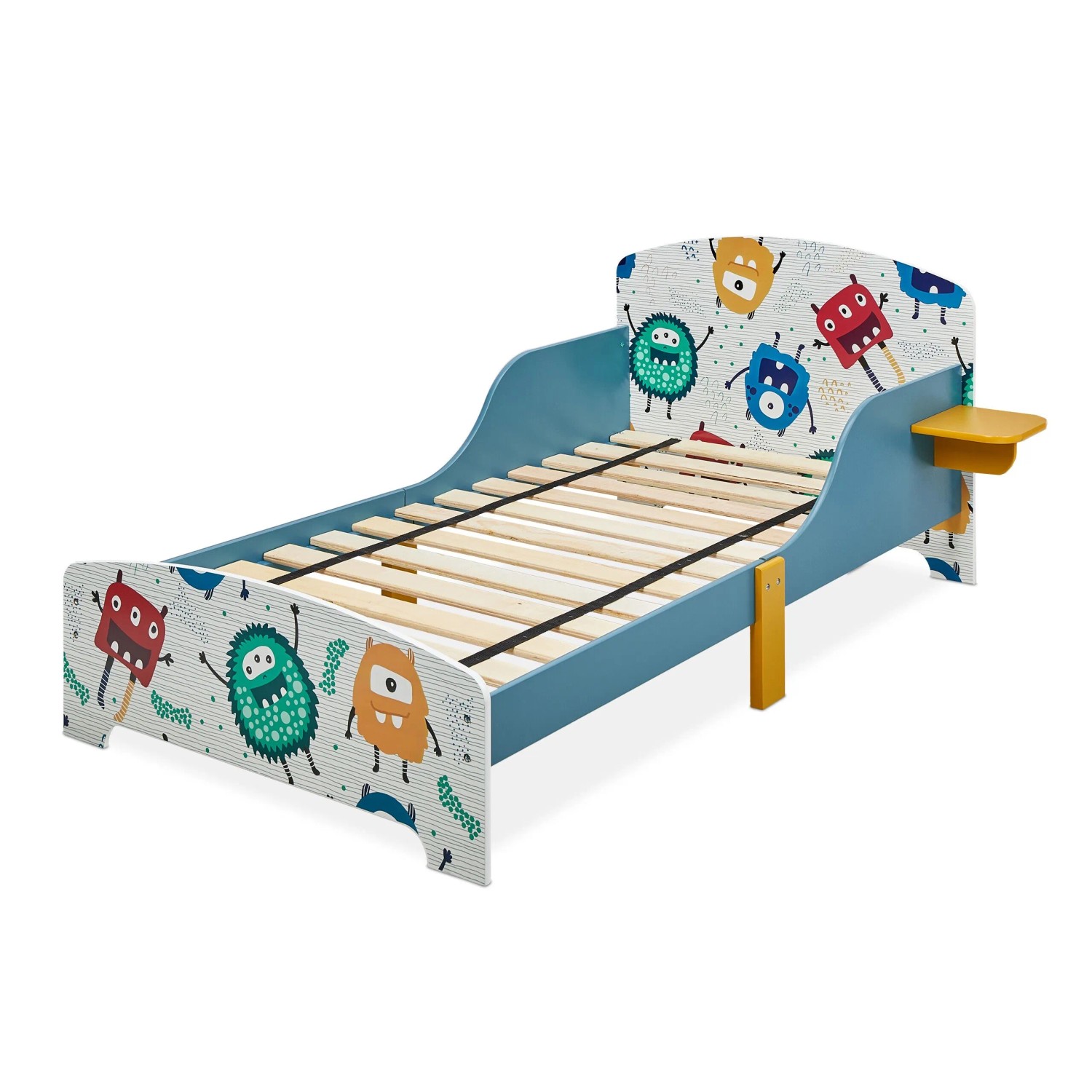 Relaxdays Kinderbett MDF Holz Kunststoff Bunt mit Ablage mit Rausfallschutz 60 cm x 94 cm x 143 cm 16 kg