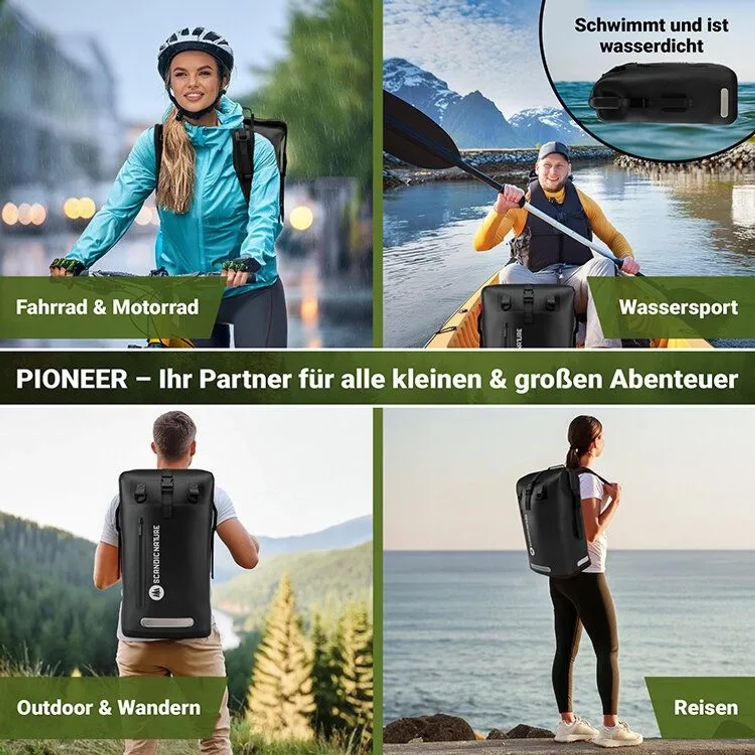 SCANDIC NATURE Pioneer Rucksack, 55L, schwarz, wasserdicht, ideal für Outdoor, Wandern, Reisen und Alltag.