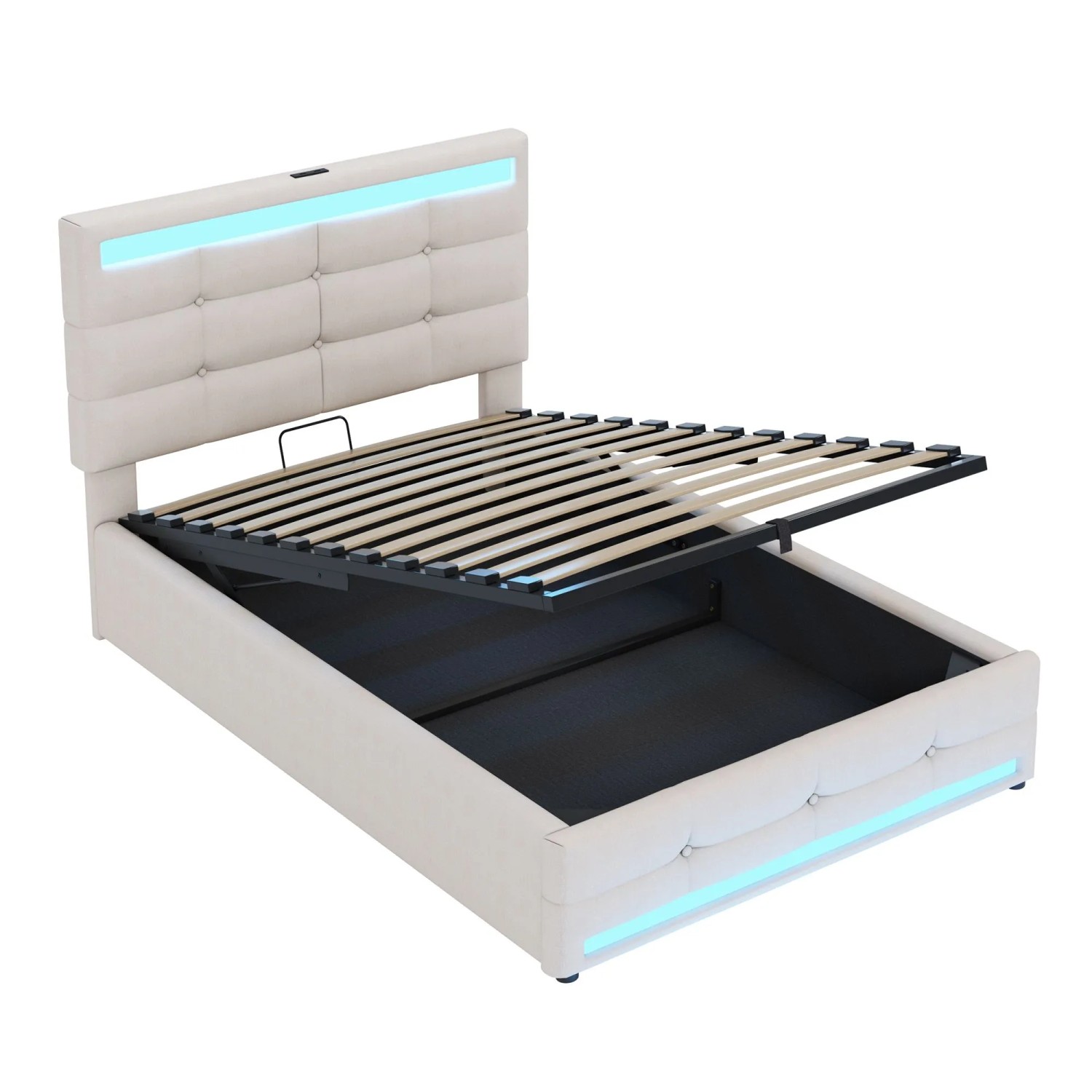 okwish Kinderbett 90x200cm mit Stauraum USB und LED Beleuchtung Beige ohne Matratze
