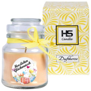 HS Candle Duftkerze Happy Birthday im Glas mit gelbem Band und Geschenkverpackung.