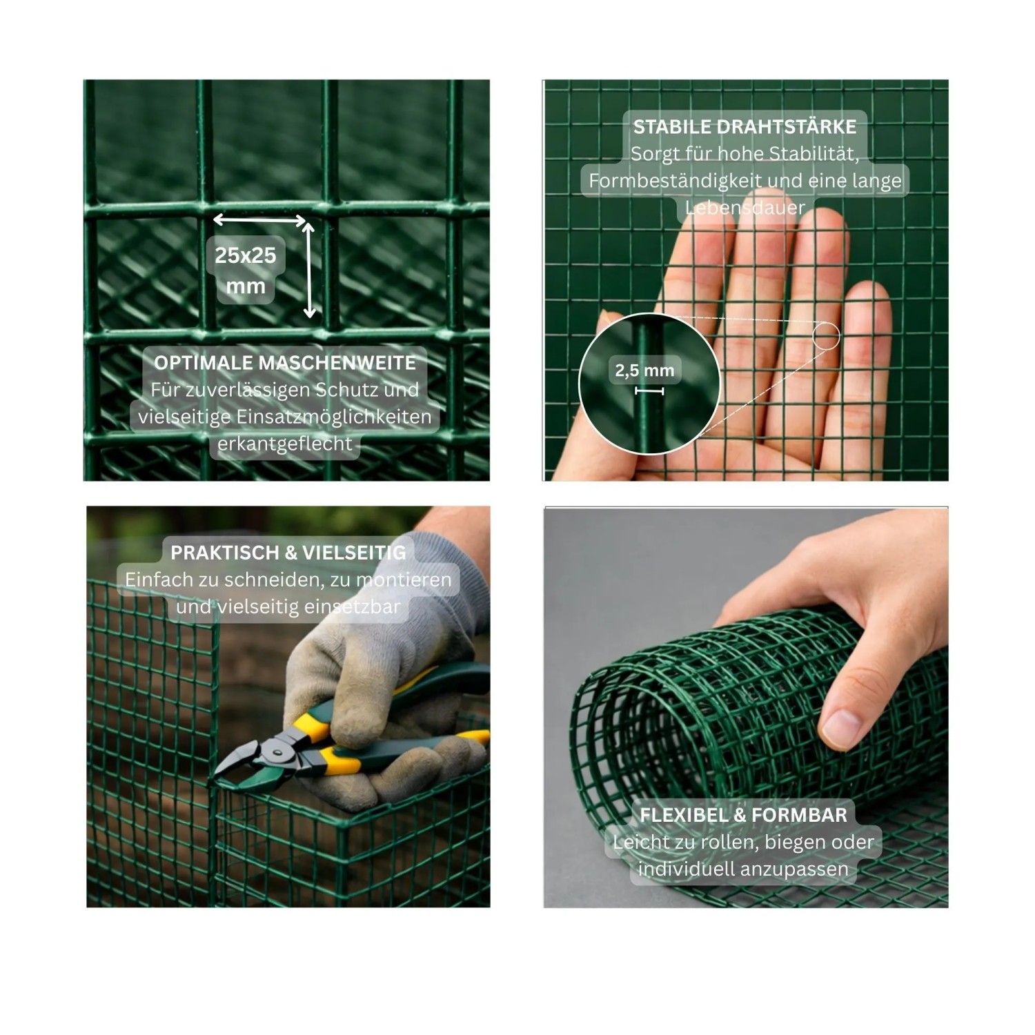 Grüner Maschendrahtzaun, Vierkantgeflecht, 1x5m, 25x25mm Maschen, 2,5mm Drahtstärke, PVC-beschichtet.