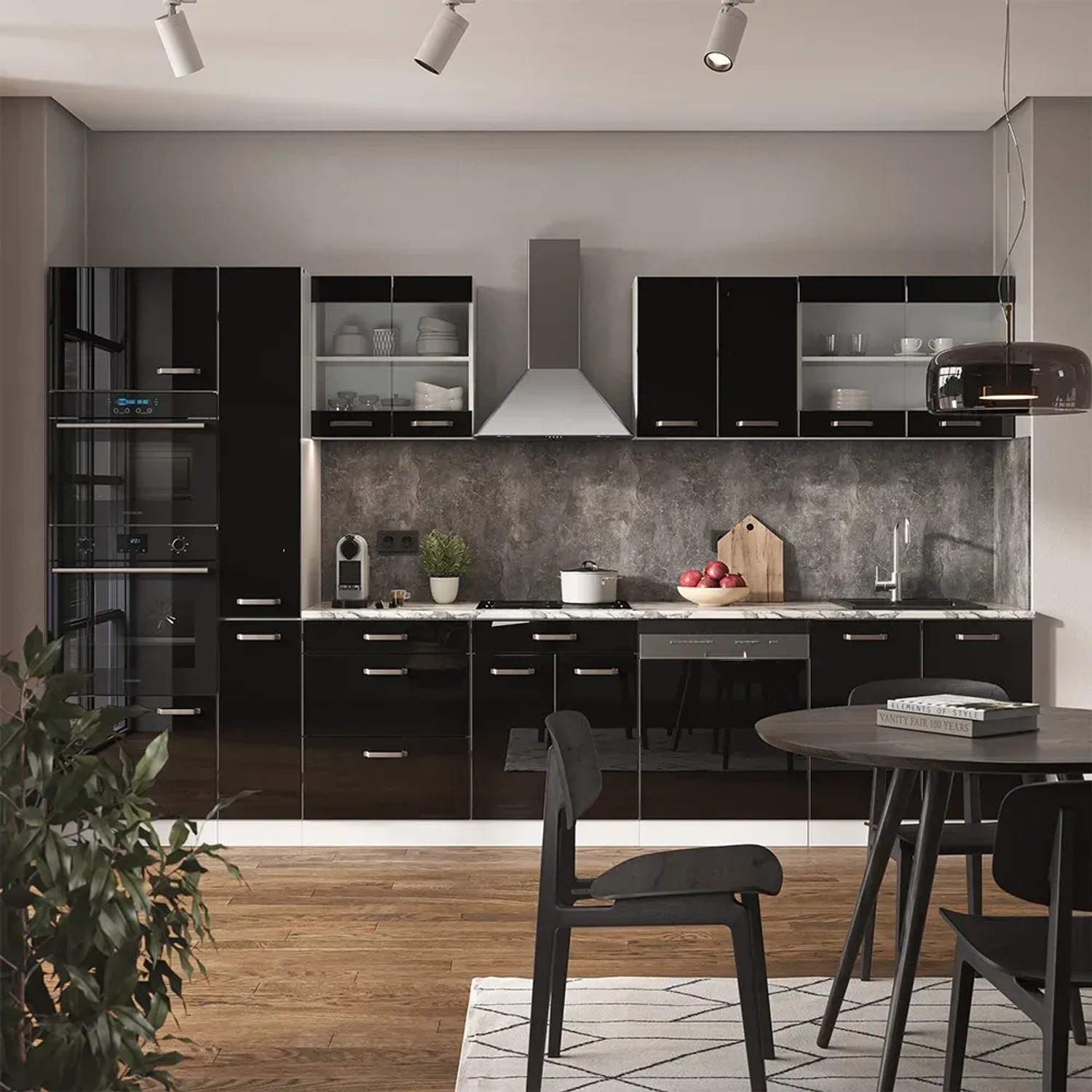 Moderne Küchenzeile in Schwarz Hochglanz/Weiß mit Eiche Arbeitsplatte, 350 cm breit.