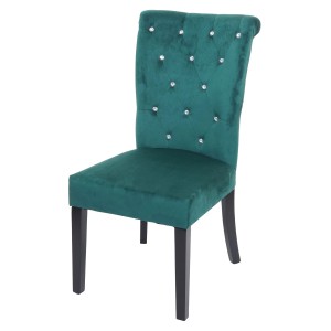 Dunkelgrüner Polsterstuhl mit Nieten und schwarzen Beinen. Esszimmerstuhl im Chesterfield-Design.