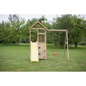 Wendi Toys Spielturm Pelikan mit Rutsche, Schaukel und Kletterwand im Garten.