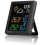 Schwarze Bresser MeteoCast Pico Wetterstation mit Farbdisplay, zeigt Temperatur, Luftfeuchtigkeit und Wettervorhersage.