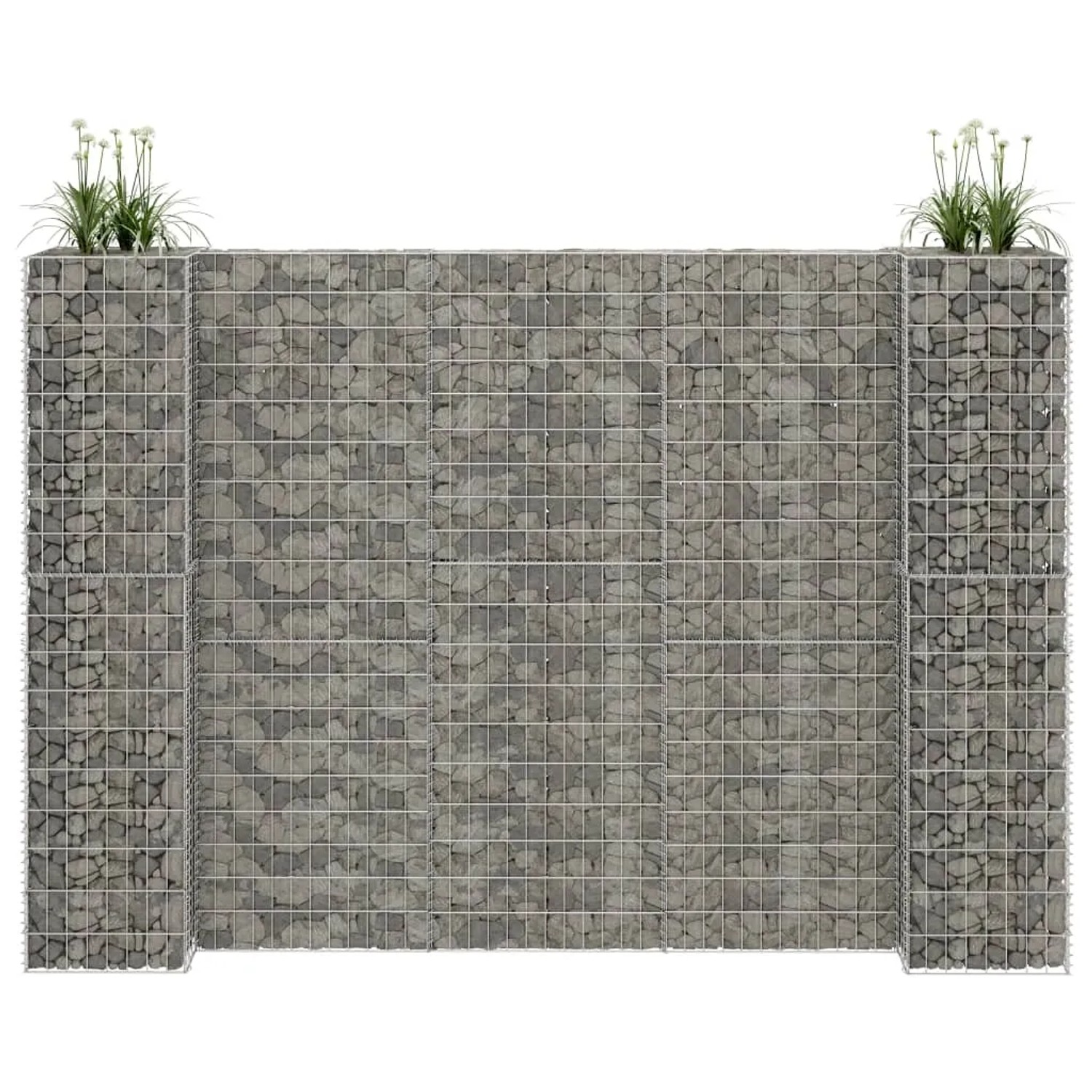 vidaXL Gabionen-Pflanzkürb H-Form, 260x40x180cm, Stahldraht, befüllt mit Steinen, als Hochbeet oder Beetbegrenzung.