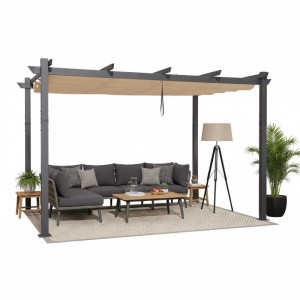 Moderner Aluminium Pavillon mit beigem Schiebedach, darunter Outdoor-Lounge-Möbel für Terrasse.