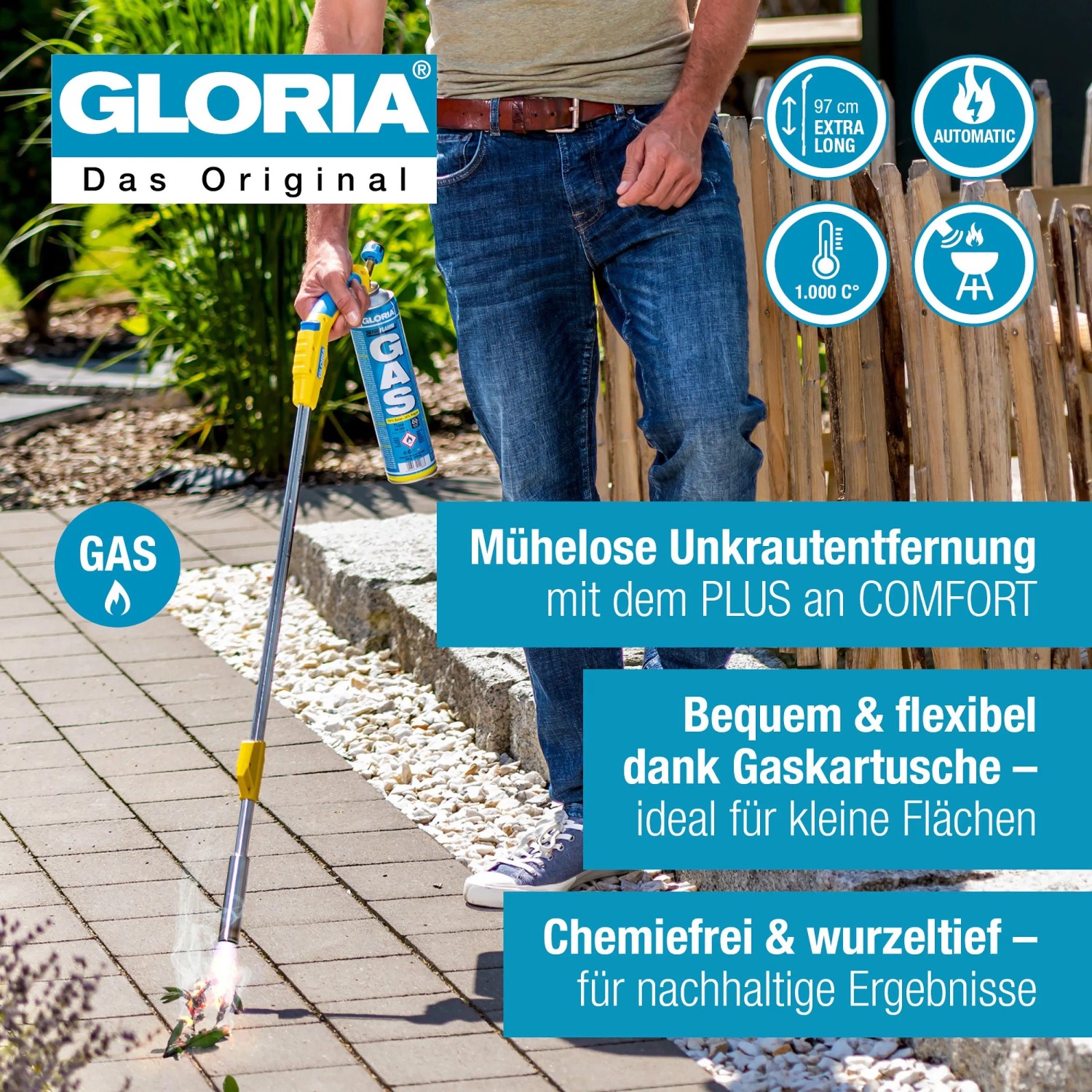 Gloria Thermoflamm bio Comfort Plus Unkrautbrenner mit Gaskartusche im Einsatz.