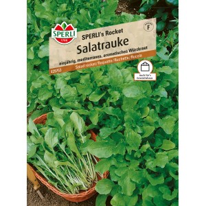 Sperli Salatrauke 'Rocket': Samenpackung mit frischer, grüner Salatrauke im Korb, geeignet für Gewächshaus.